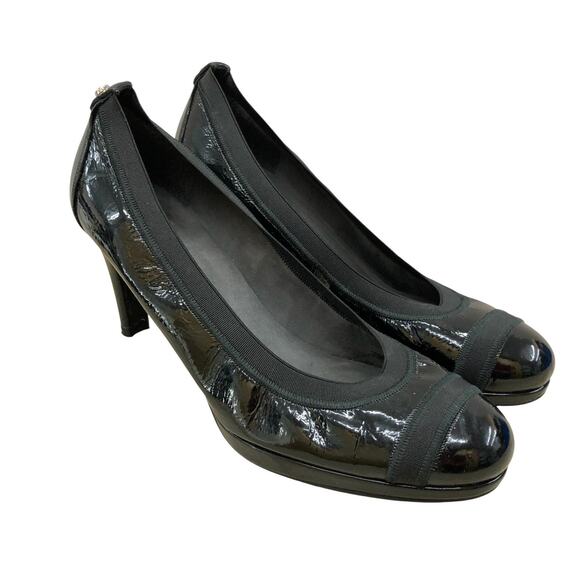 Stuart Weitzman Pumps Womens 9 Black Patent Leather Elastic Trim 3.5in Heel - Picture 1 of 12